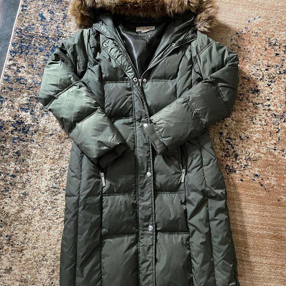 Michael Kors Green Puffer Coat with Fur Hood